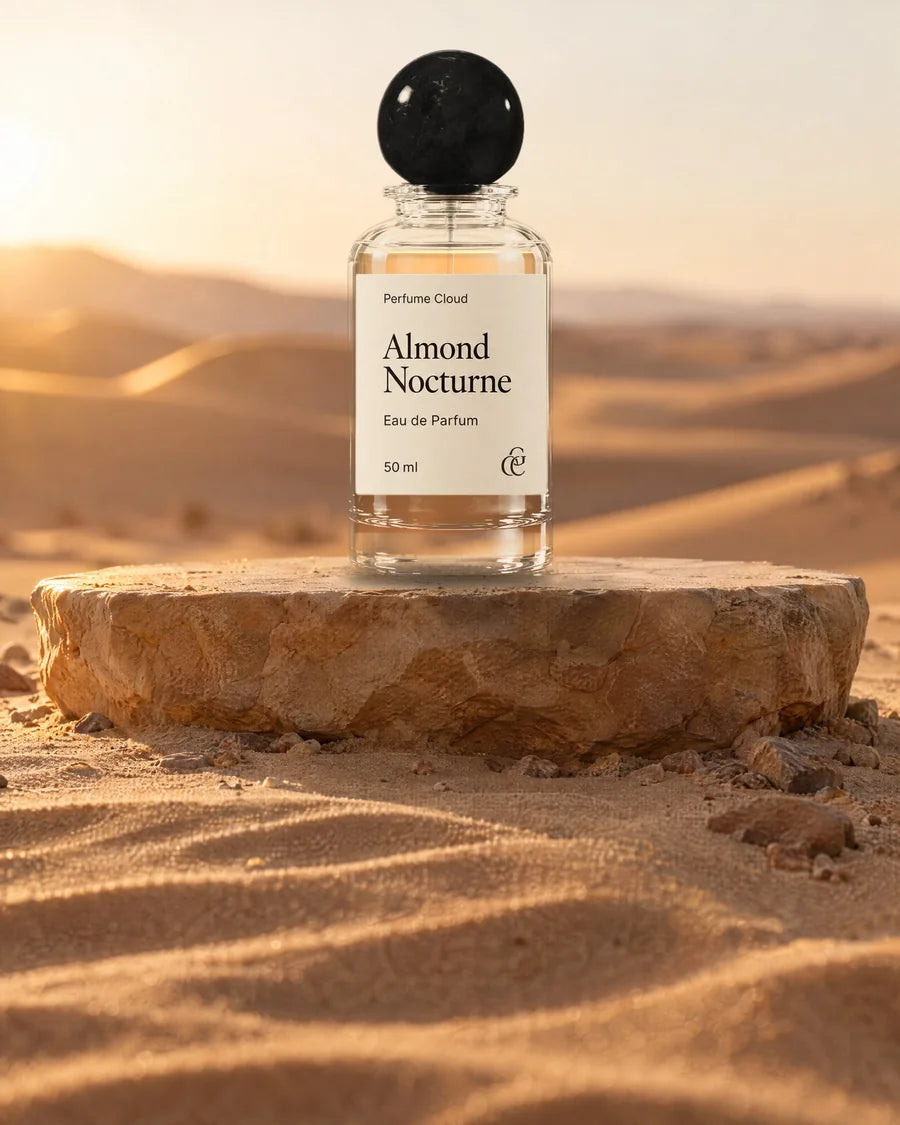 Flakon Almond Nocturne von Perfume Cloud auf einer Steinplatte in den Dünen bei Sonnenuntergang